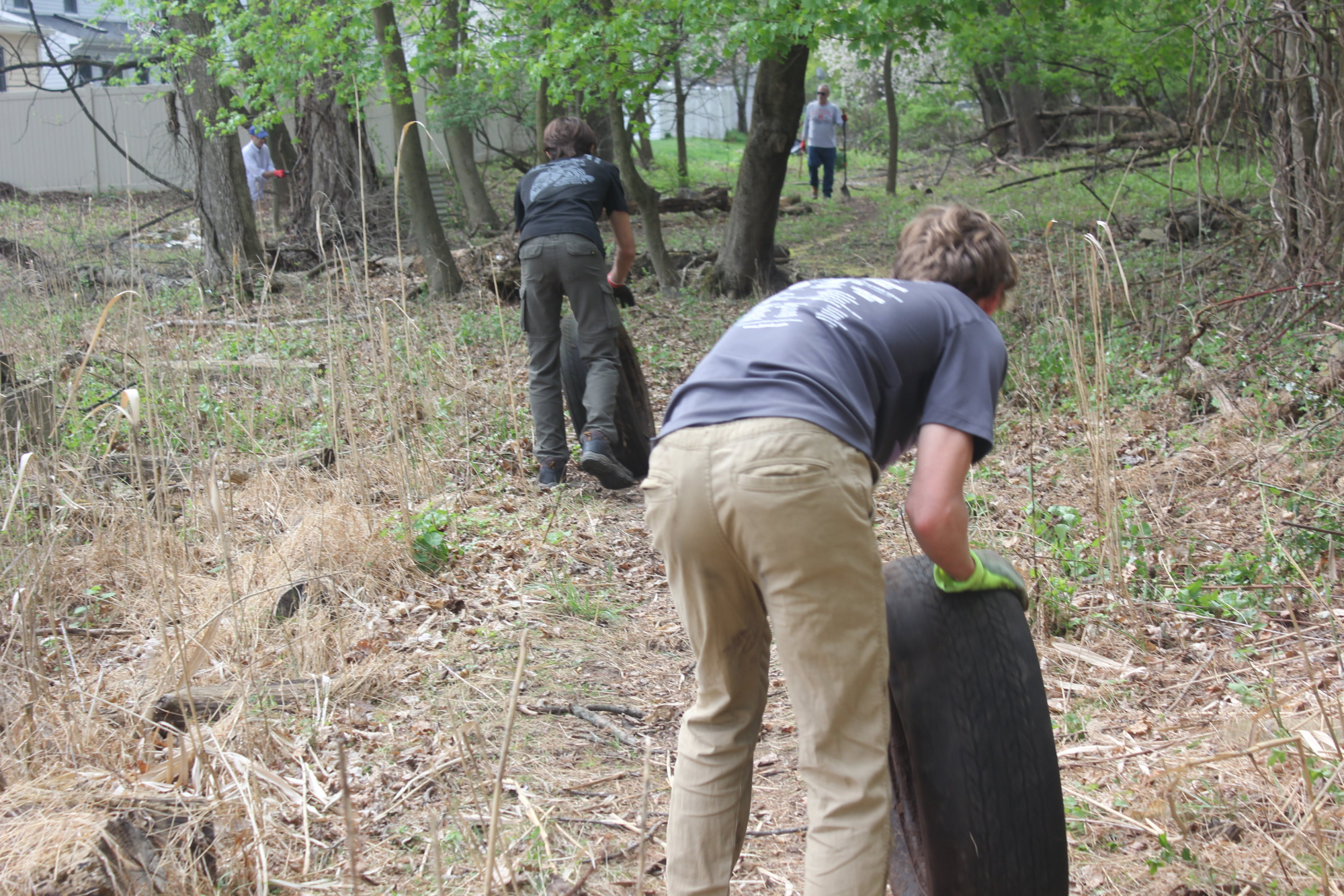 Scout rolling a discarded tire through a wooded area.