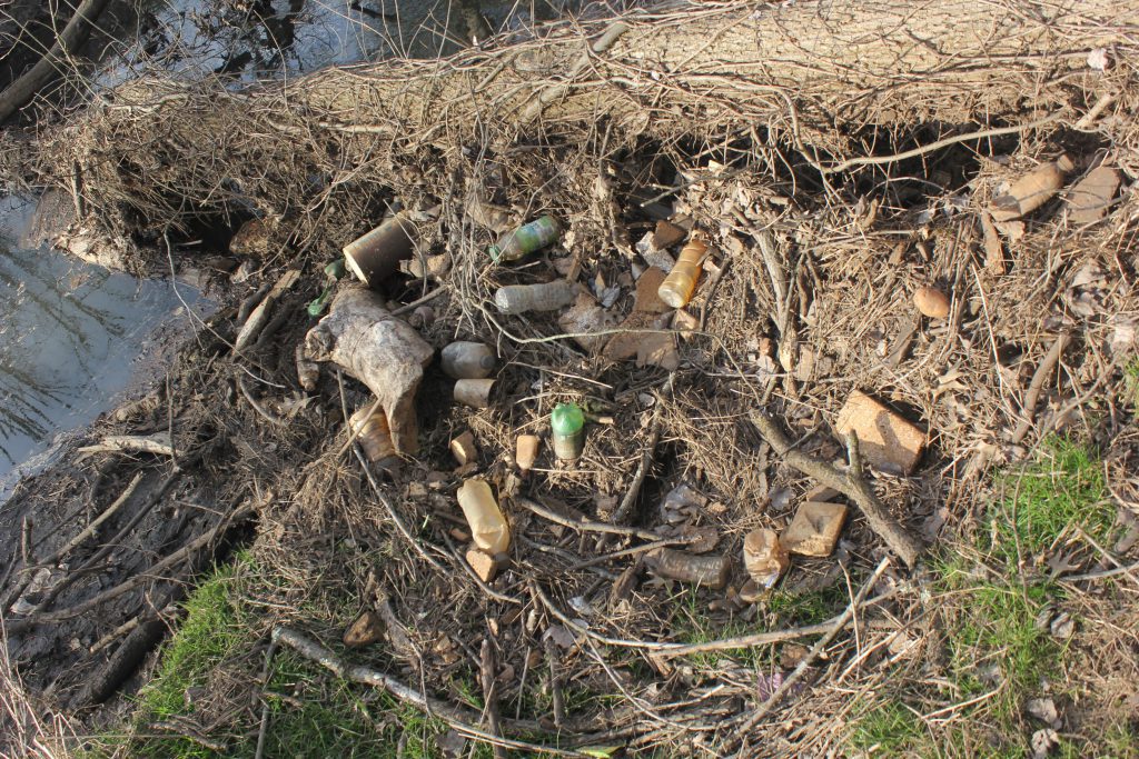 Plastic and glass debris caught in a pile of logs along the edge of a stream.