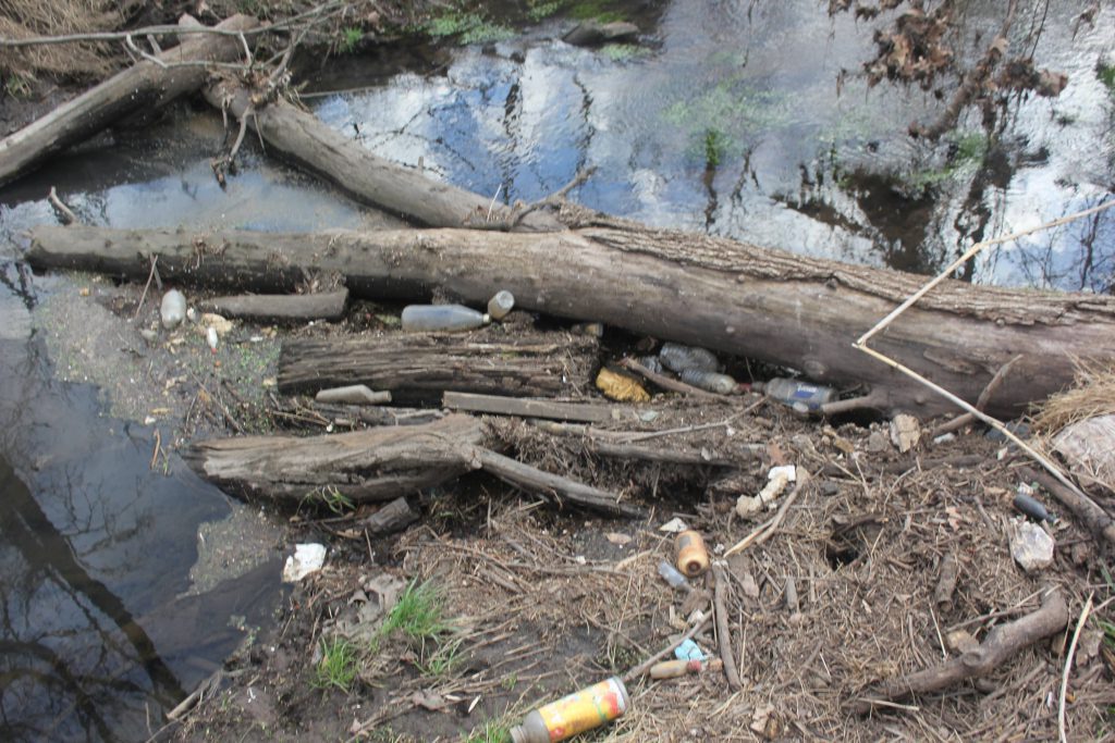 Litter and logs floating in a stream, including bottles and food containers.