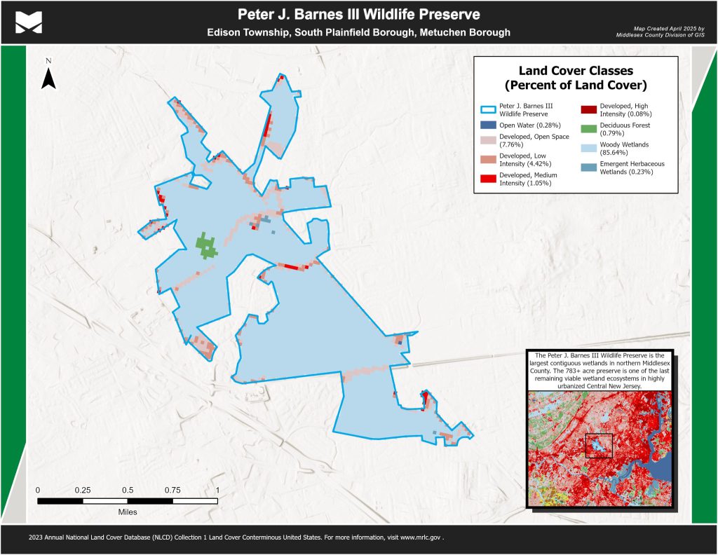 Land cover map of the Peter J. Barnes III Wildlife Preserve, showing wetland areas, forest, developed zones, and open water by percentage.