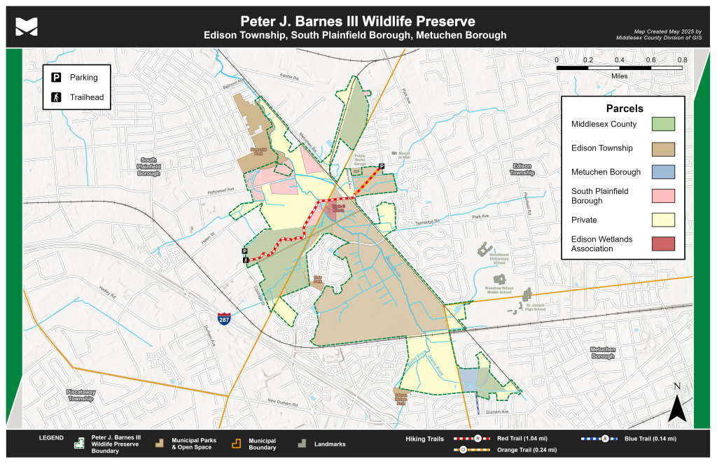 Map of Peter J. Barnes III Wildlife Preserve showing municipal boundaries, parcel ownership, trailheads, and color-coded hiking trails.